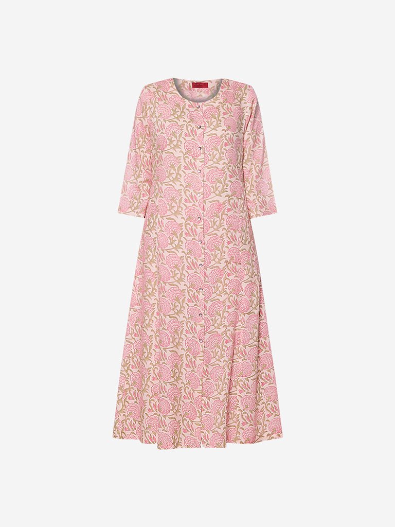 Zuba Pink Floral Patterned A-line Kurta