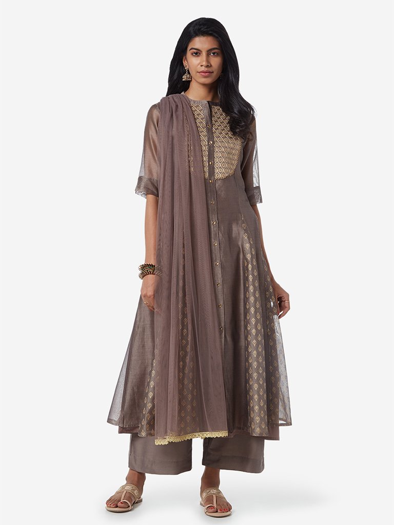 Vark Grey Kurta, Inner, Palazzos And Dupatta Set