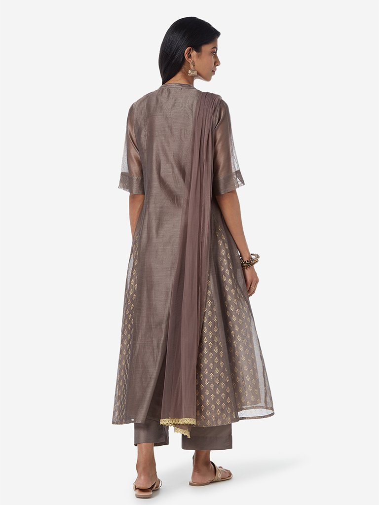 Vark Grey Kurta, Inner, Palazzos And Dupatta Set
