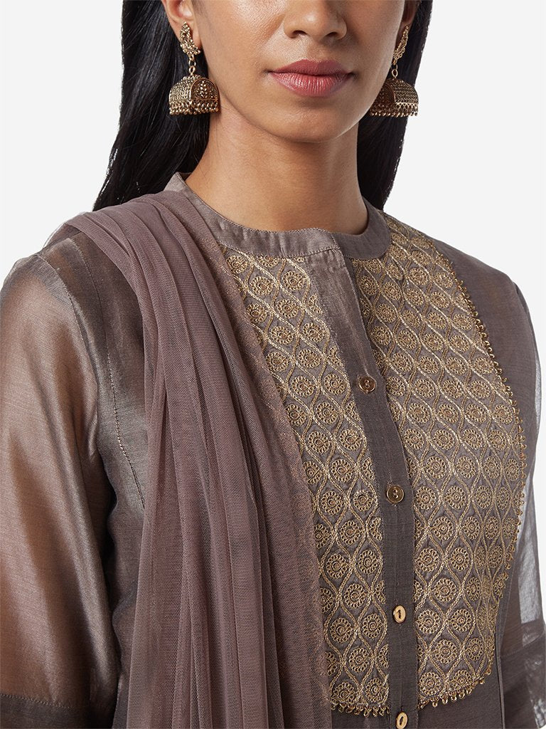 Vark Grey Kurta, Inner, Palazzos And Dupatta Set