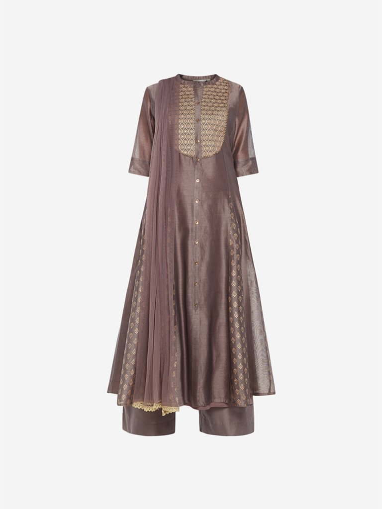 Vark Grey Kurta, Inner, Palazzos And Dupatta Set