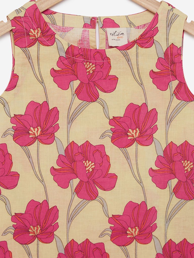 Utsa Kids Yellow Ethnic Print A-Line Kurta