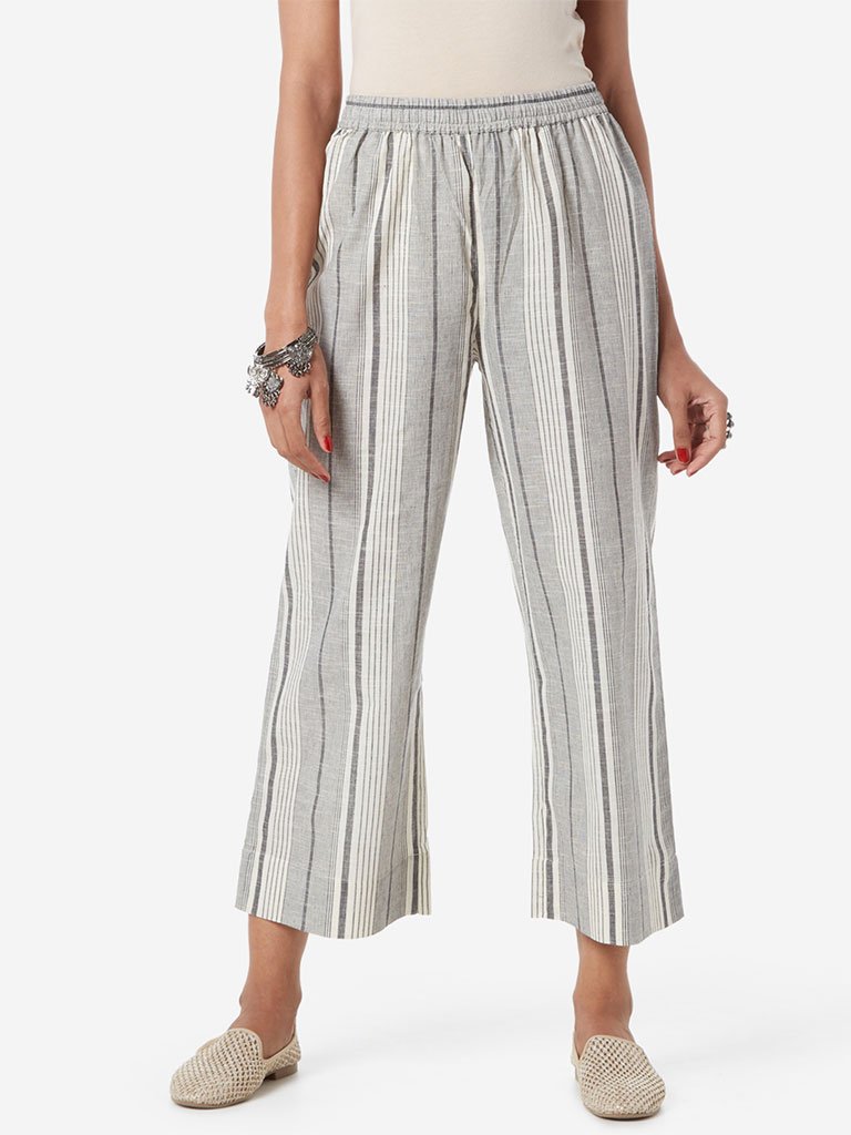 Utsa Off White Pure-Cotton Striped Crop Palazzos
