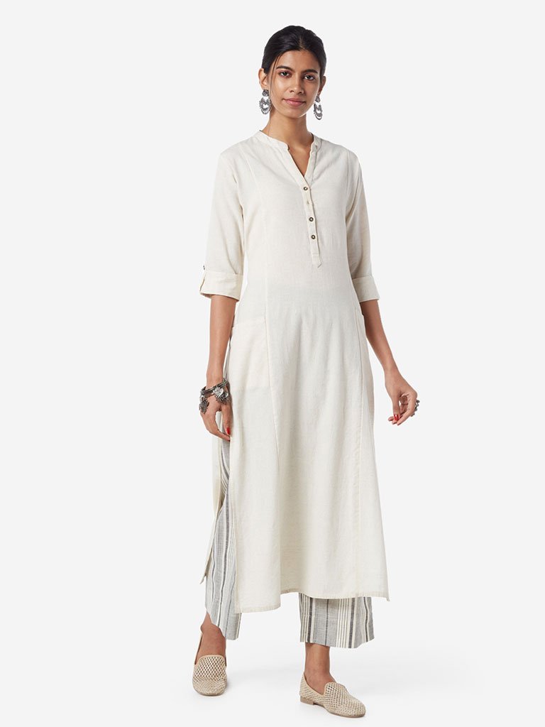 Utsa Off White Pure-Cotton Striped Crop Palazzos