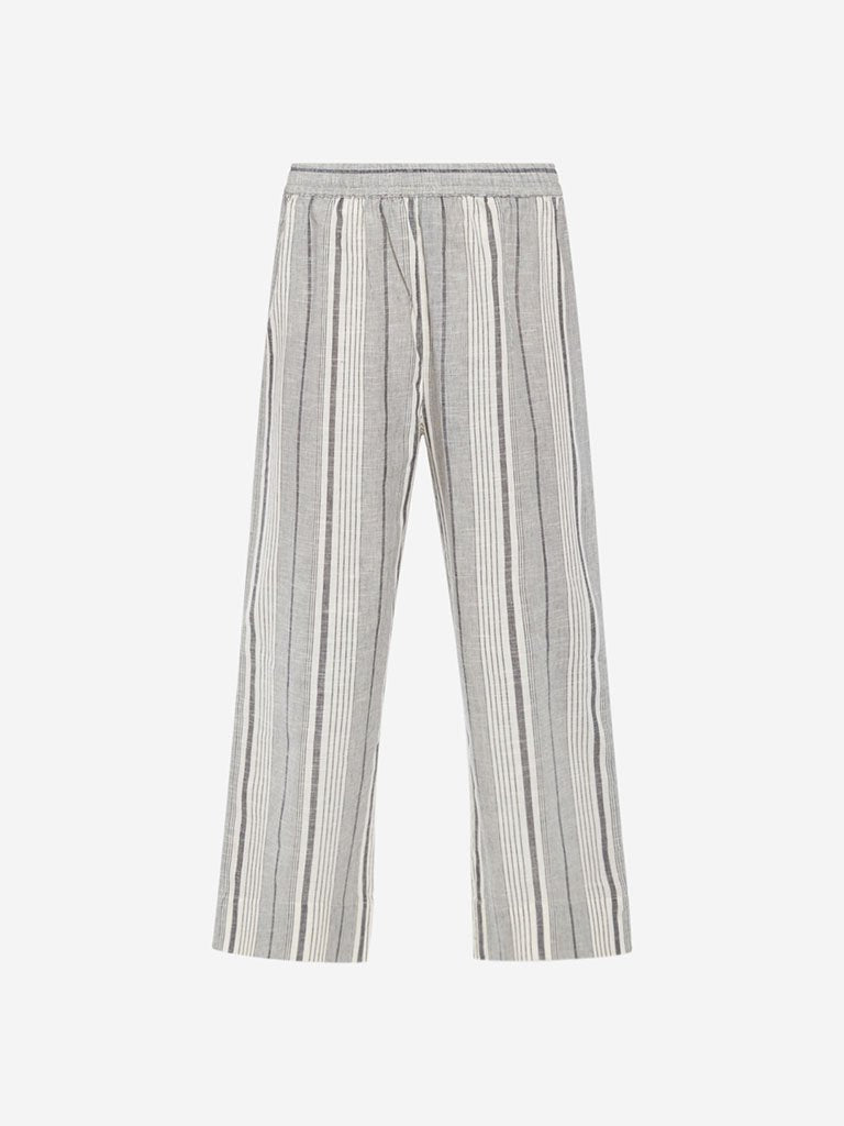 Utsa Off White Pure-Cotton Striped Crop Palazzos