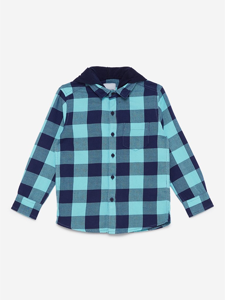 HOP Kids Aqua Checked Hooded Shirt