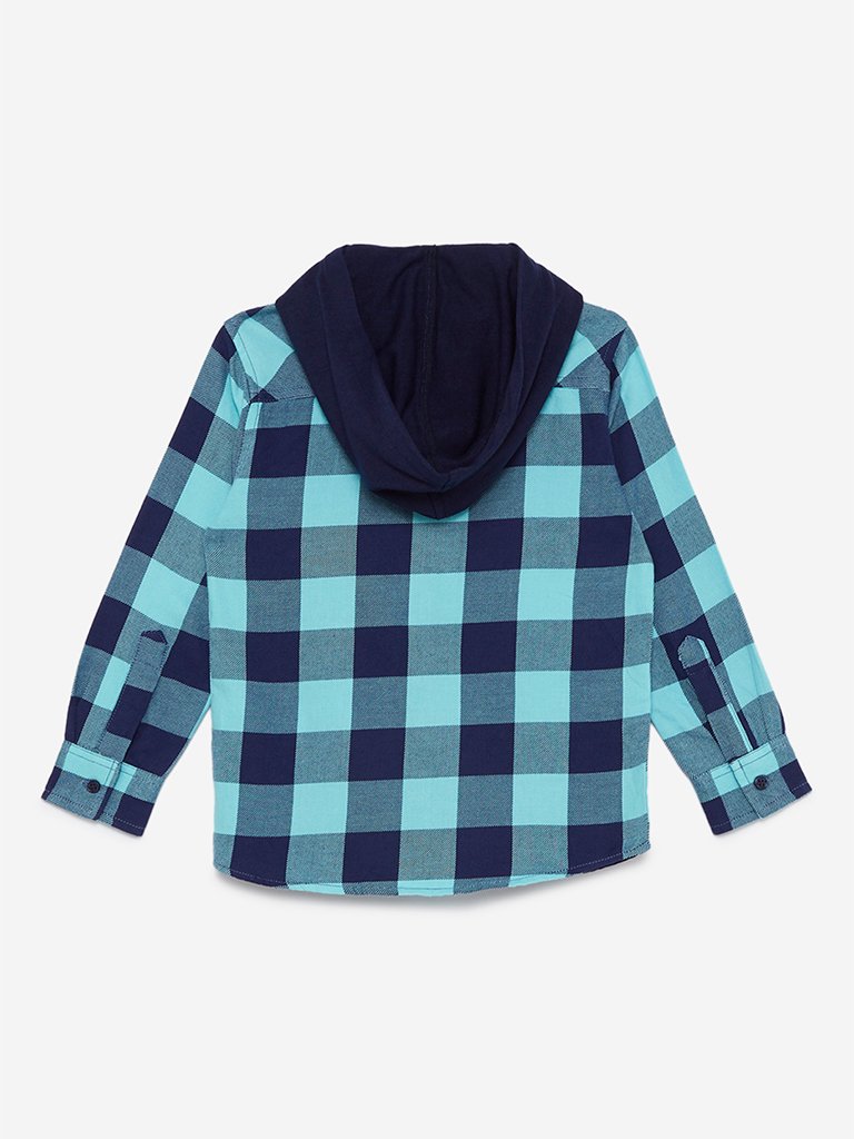 HOP Kids Aqua Checked Hooded Shirt