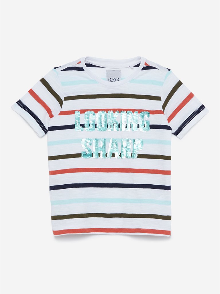HOP Kids White Striped Cotton T-Shirt