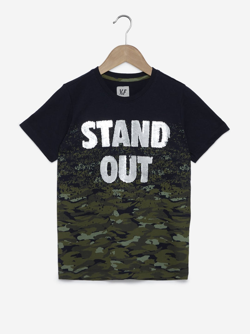 Y&F Kids Navy Printed Pure-Cotton T-Shirt