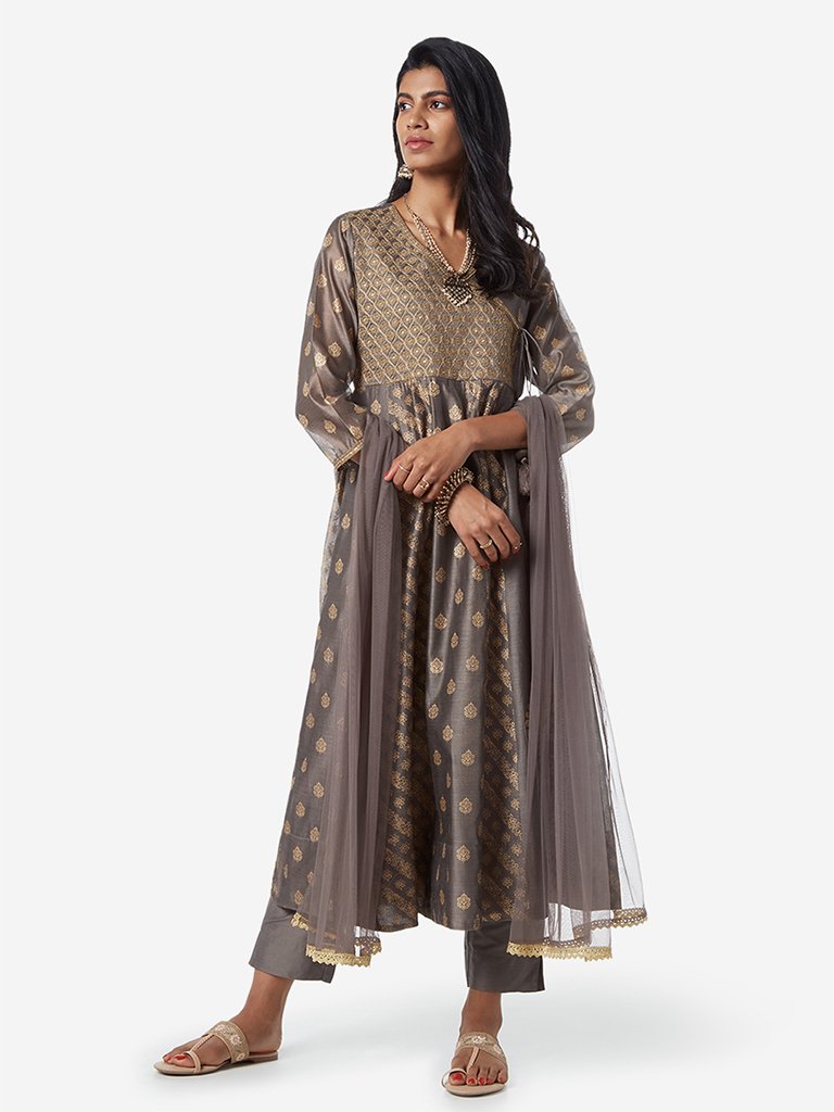 Vark Grey Anarkali Kurta And Palazzos Set