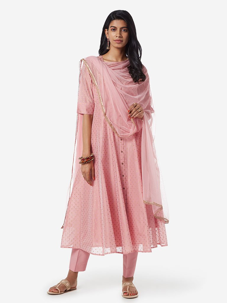 Vark Pink Anarkali Kurta And Ethnic Pants Set
