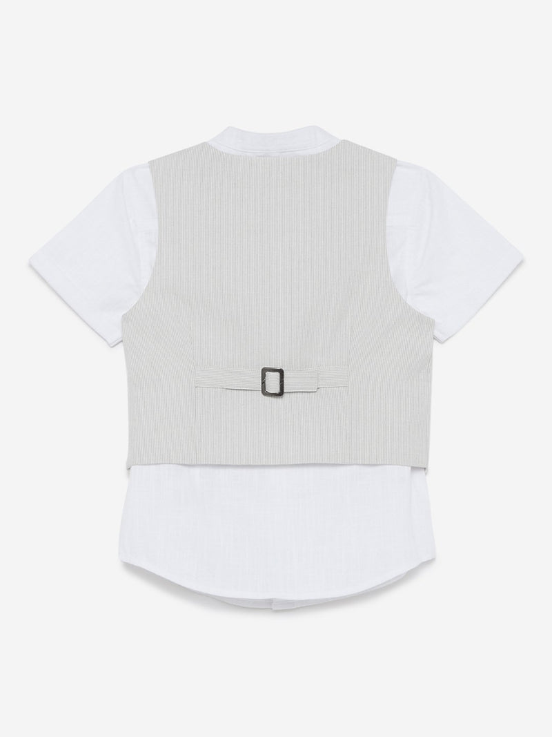 HOP Kids Ecru Striped Waistcoat And Shirt Set