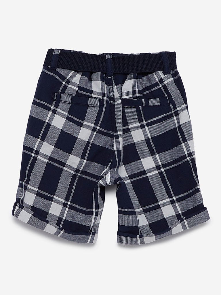 HOP Kids Navy Check Print Shorts With Belt