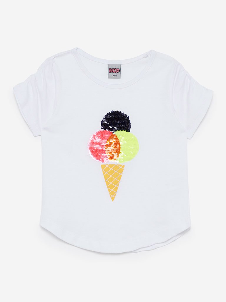 HOP Kids White Ice-Cream Sequinned T-Shirt