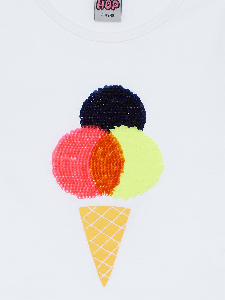 HOP Kids White Ice-Cream Sequinned T-Shirt