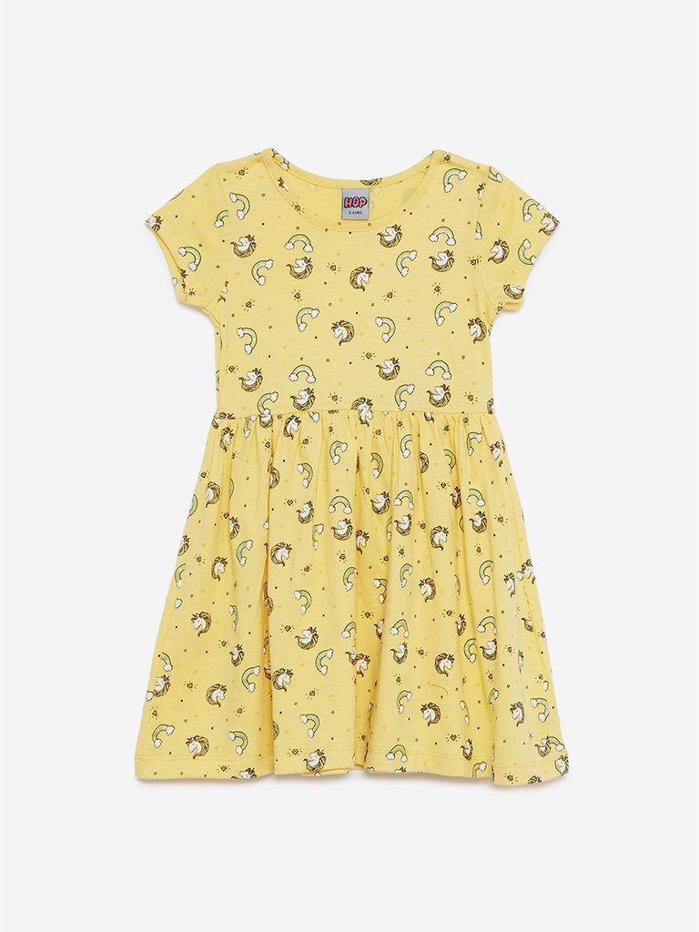 HOP Kids Yellow Unicorn Printed Cotton Dress