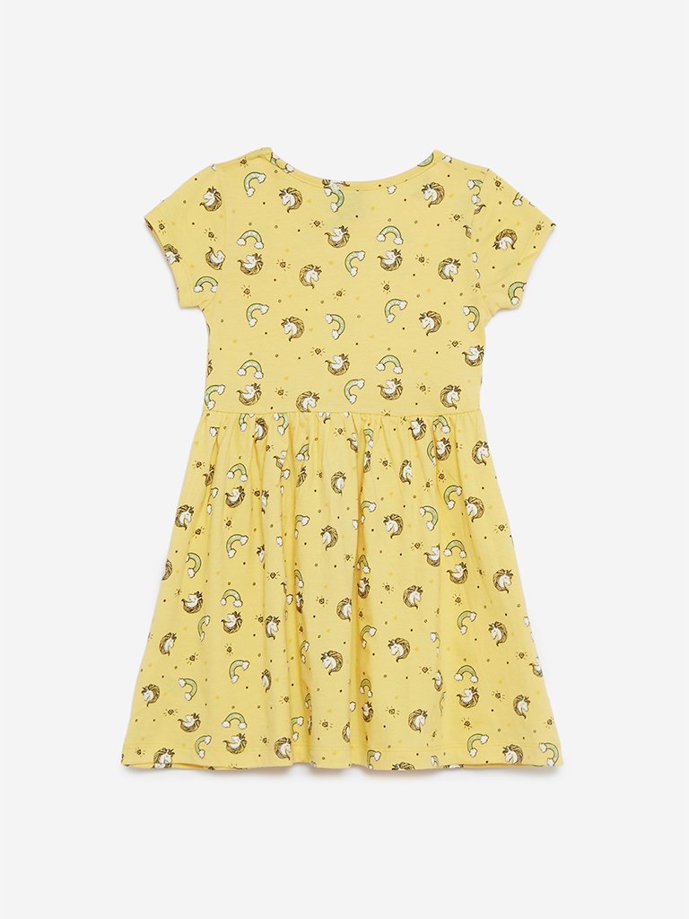 HOP Kids Yellow Unicorn Printed Cotton Dress