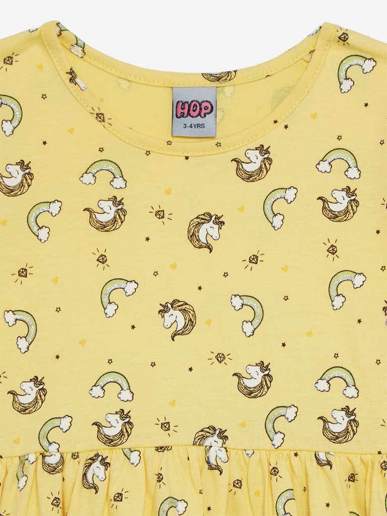 HOP Kids Yellow Unicorn Printed Cotton Dress