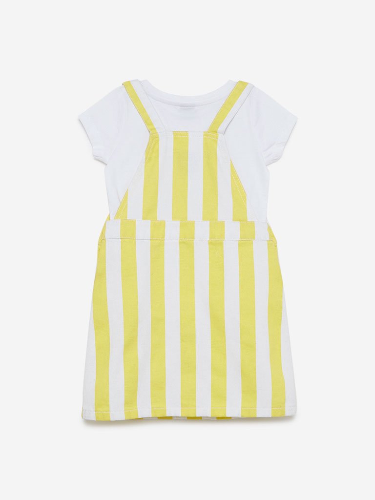 HOP Kids Yellow Striped Pinafore And T-Shirt Set