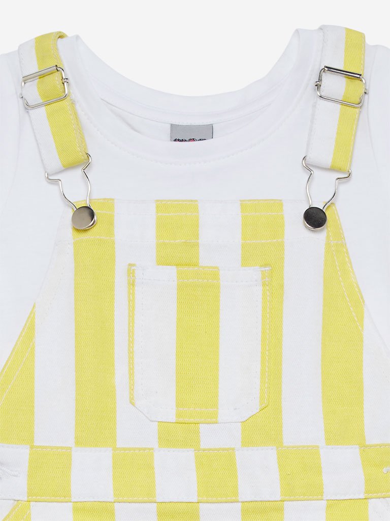 HOP Kids Yellow Striped Pinafore And T-Shirt Set