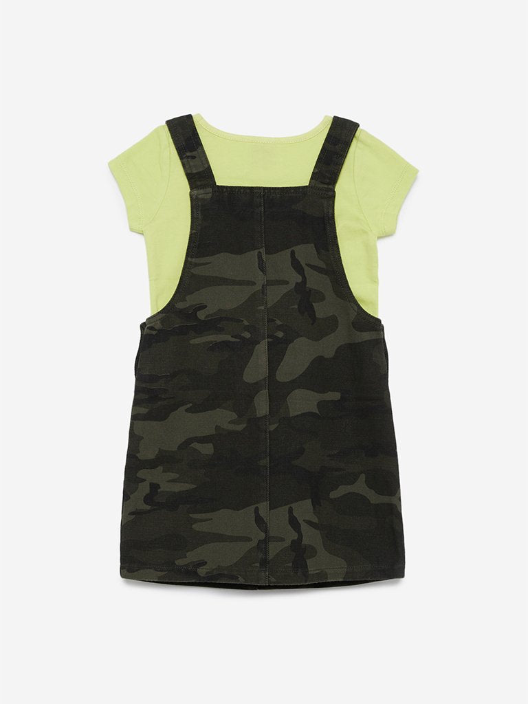 HOP Kids Olive Camouflage Pinafore And T-Shirt