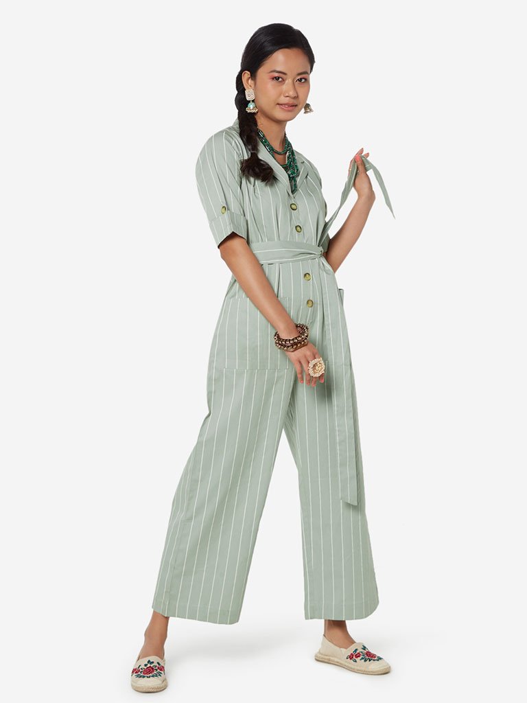 Bombay Paisley Mint Striped Jumpsuit With Belt