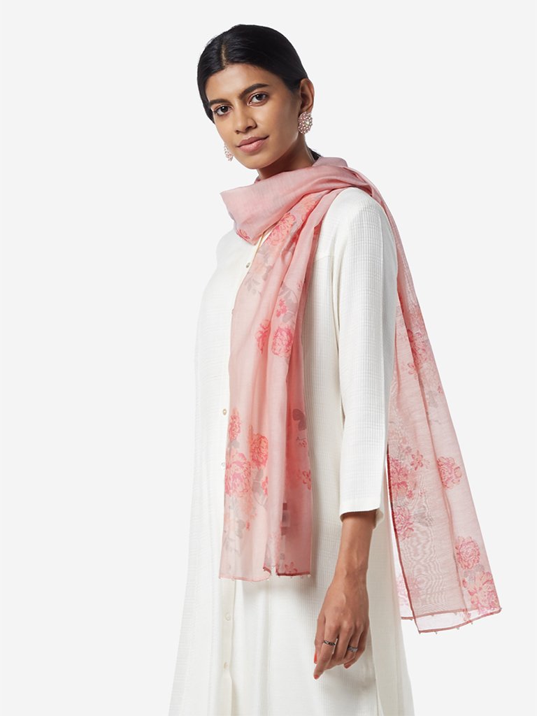 Zuba Light Pink Floral Cotton-Silk Stole