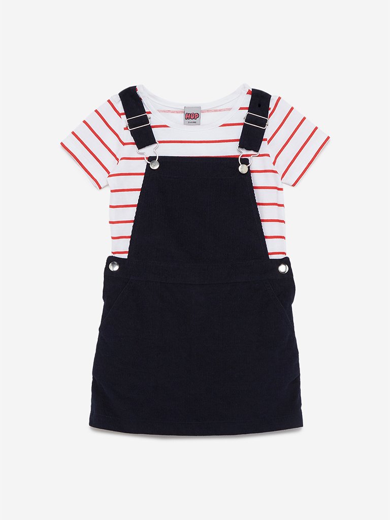 HOP Kids Navy Pinafore And Striped T-Shirt Set