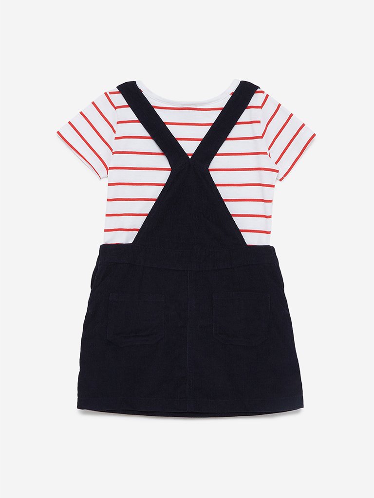 HOP Kids Navy Pinafore And Striped T-Shirt Set