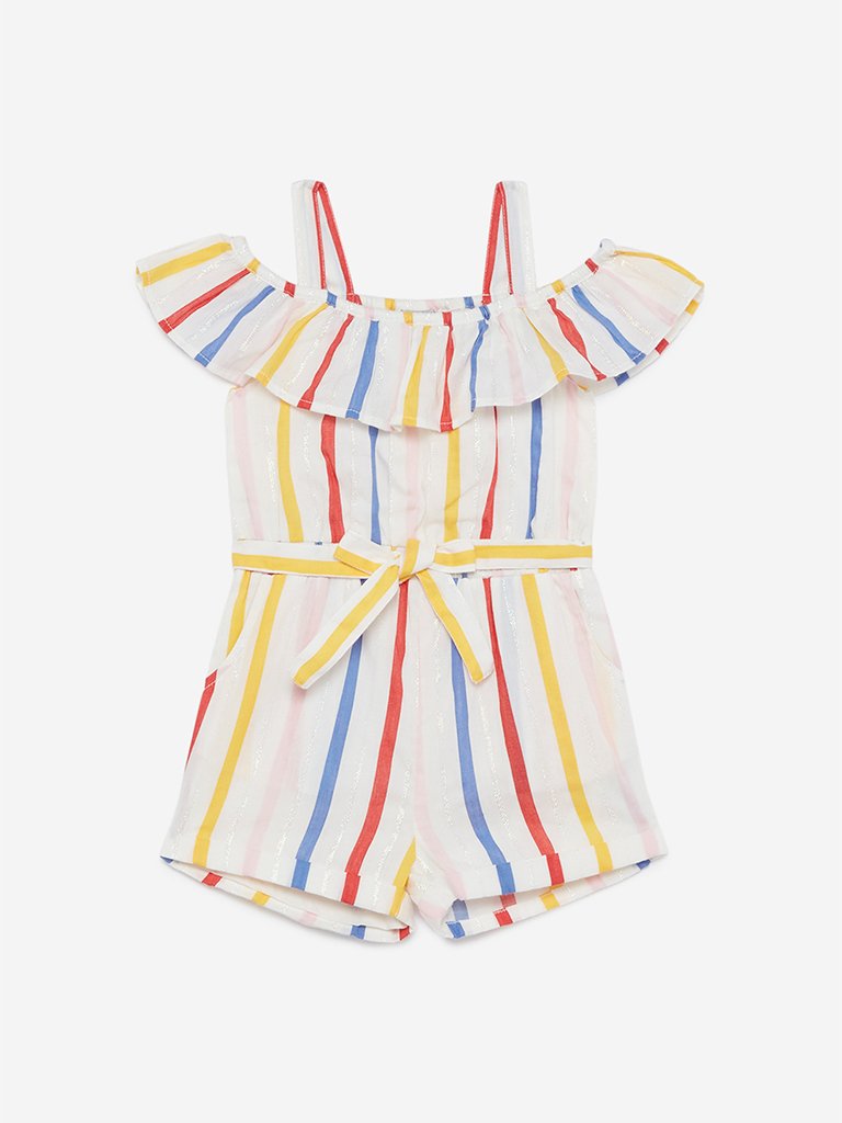 HOP Kids White Striped Jumpsuit With Belt