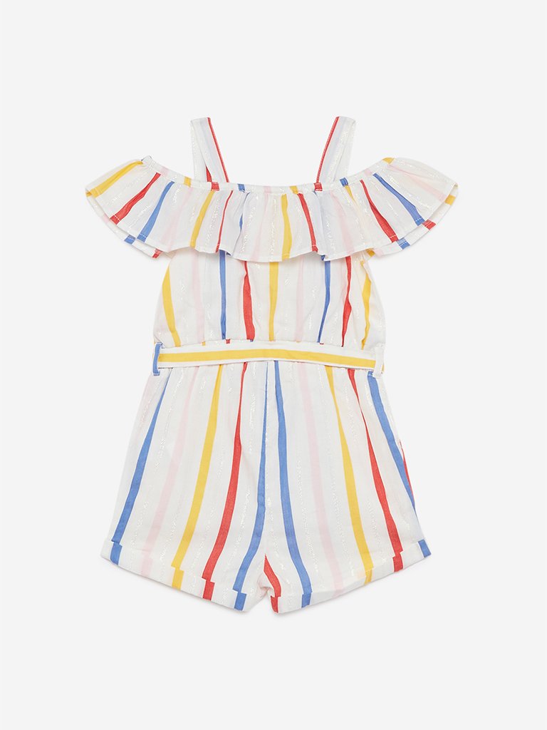 HOP Kids White Striped Jumpsuit With Belt
