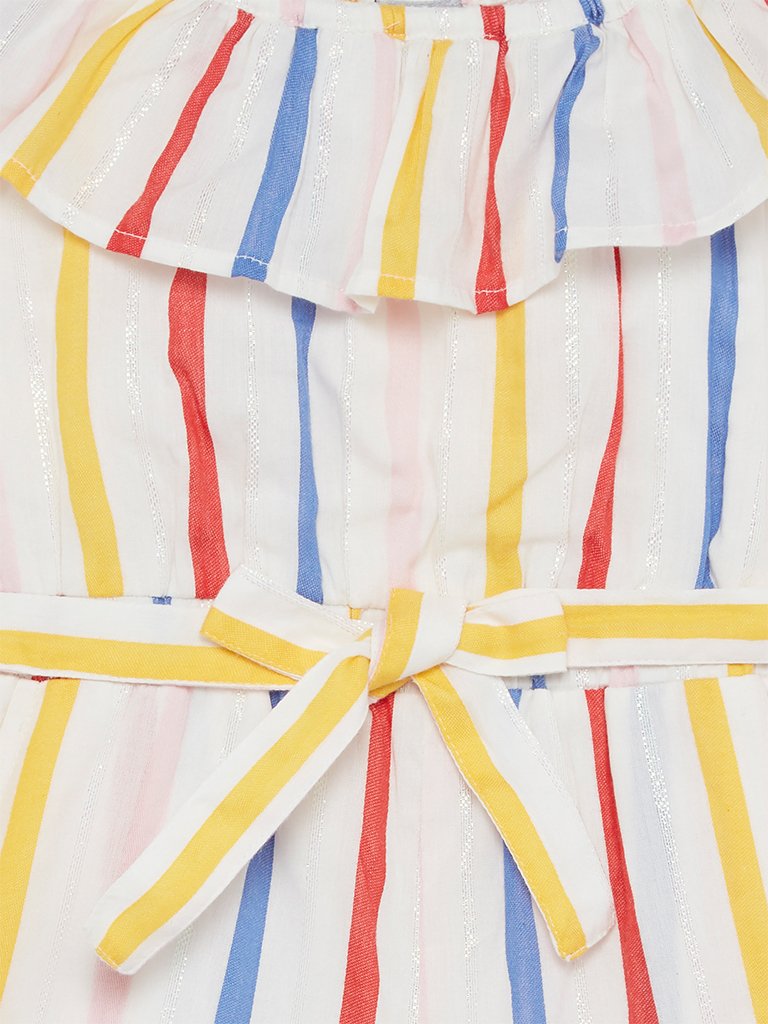 HOP Kids White Striped Jumpsuit With Belt