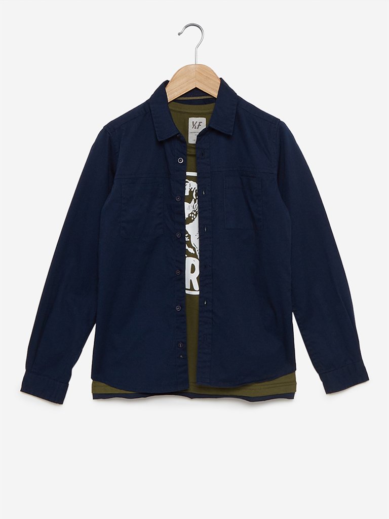 Y&F Kids Navy Printed Shirt And T-Shirt Set