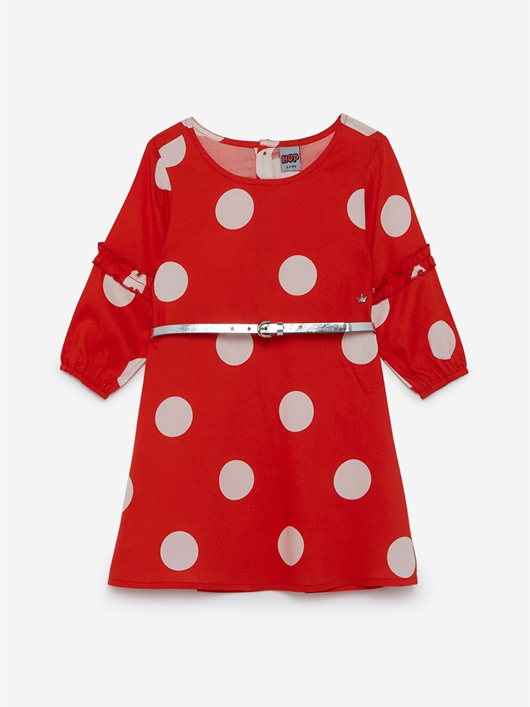 HOP Kids Dark Orange Dotted Naira Belted Dress