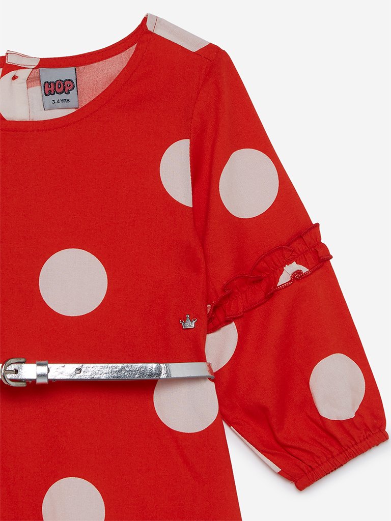 HOP Kids Dark Orange Dotted Naira Belted Dress
