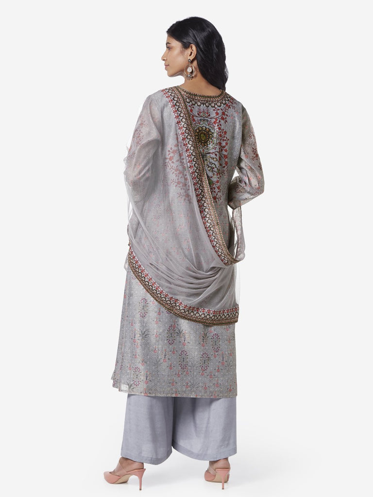 Vark Grey Floral A-line Kurta And Palazzos Set