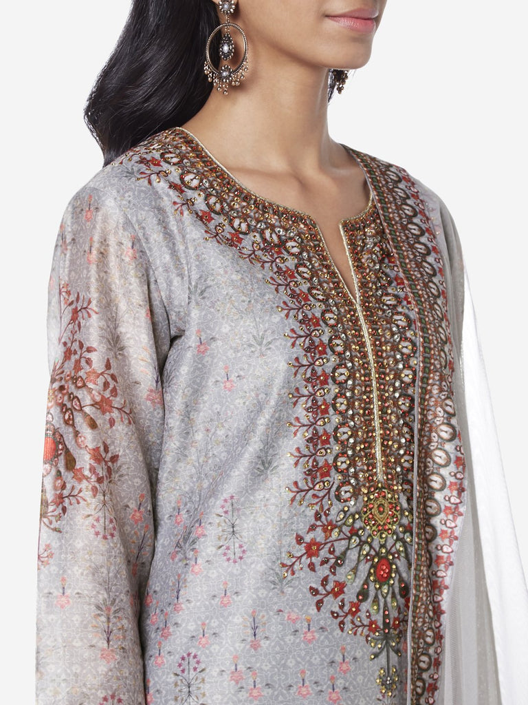 Vark Grey Floral A-line Kurta And Palazzos Set