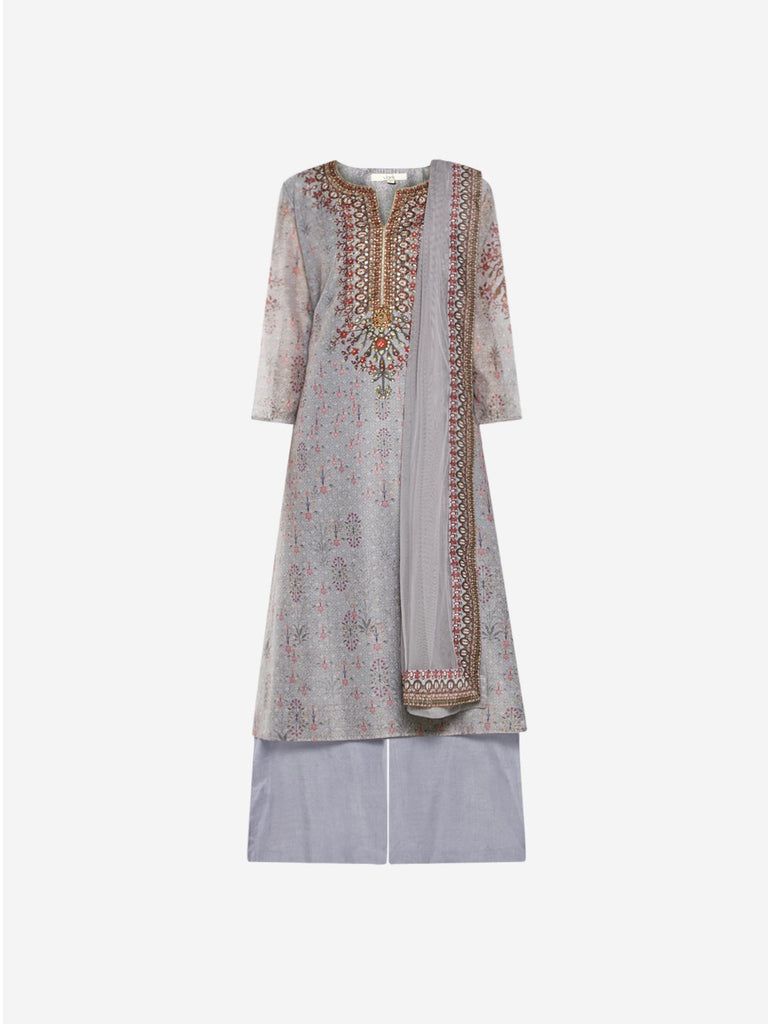 Vark Grey Floral A-line Kurta And Palazzos Set