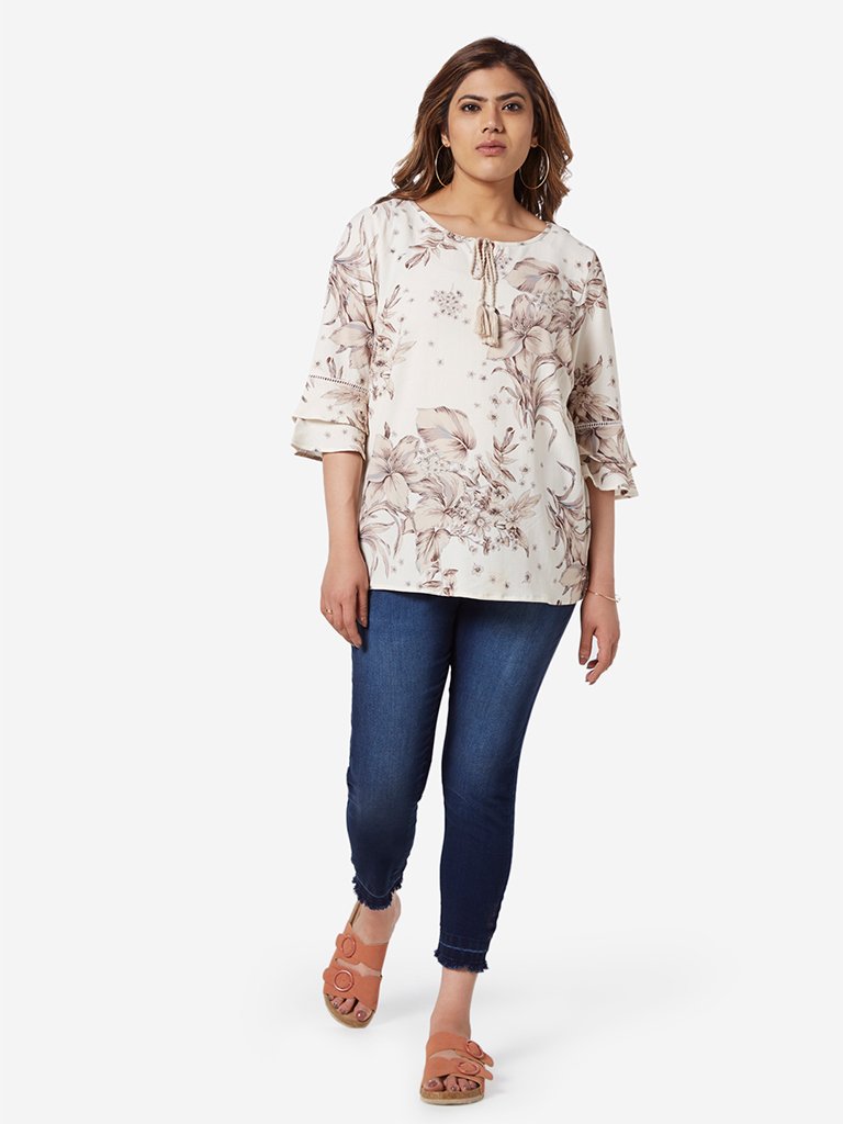 Gia Curve Beige Floral Patterned Top