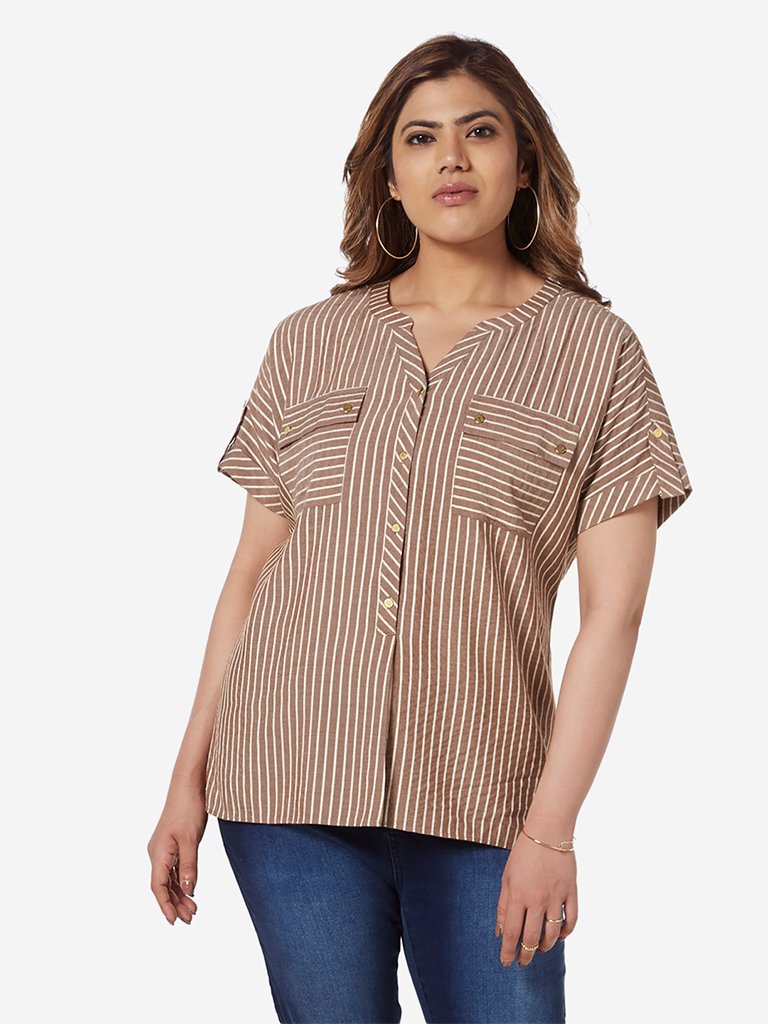 Gia Curve Brown Striped High-Low Ray Top