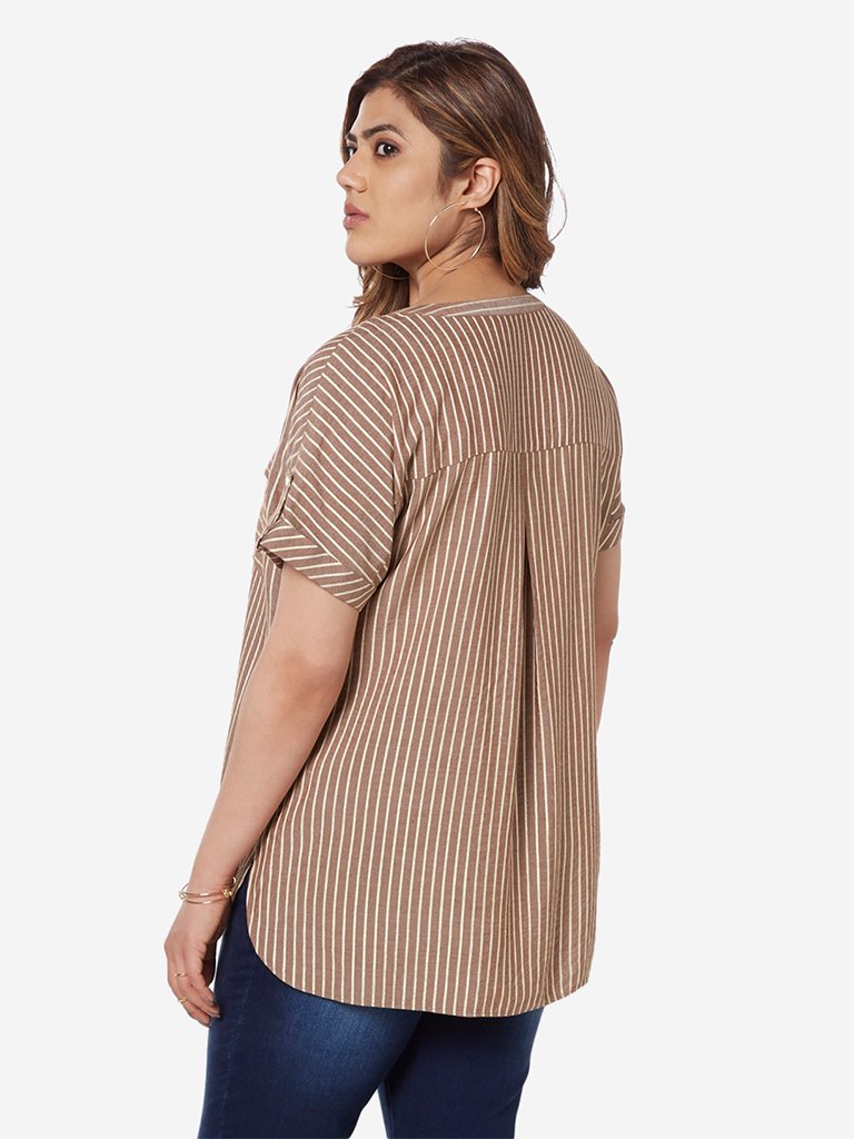 Gia Curve Brown Striped High-Low Ray Top