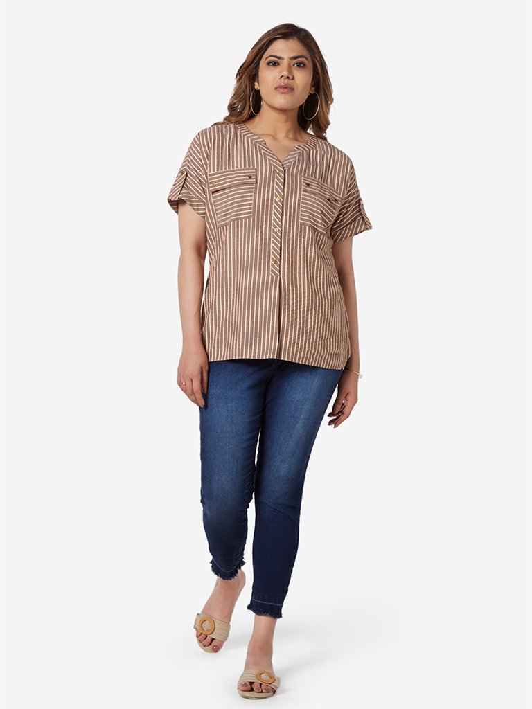 Gia Curve Brown Striped High-Low Ray Top