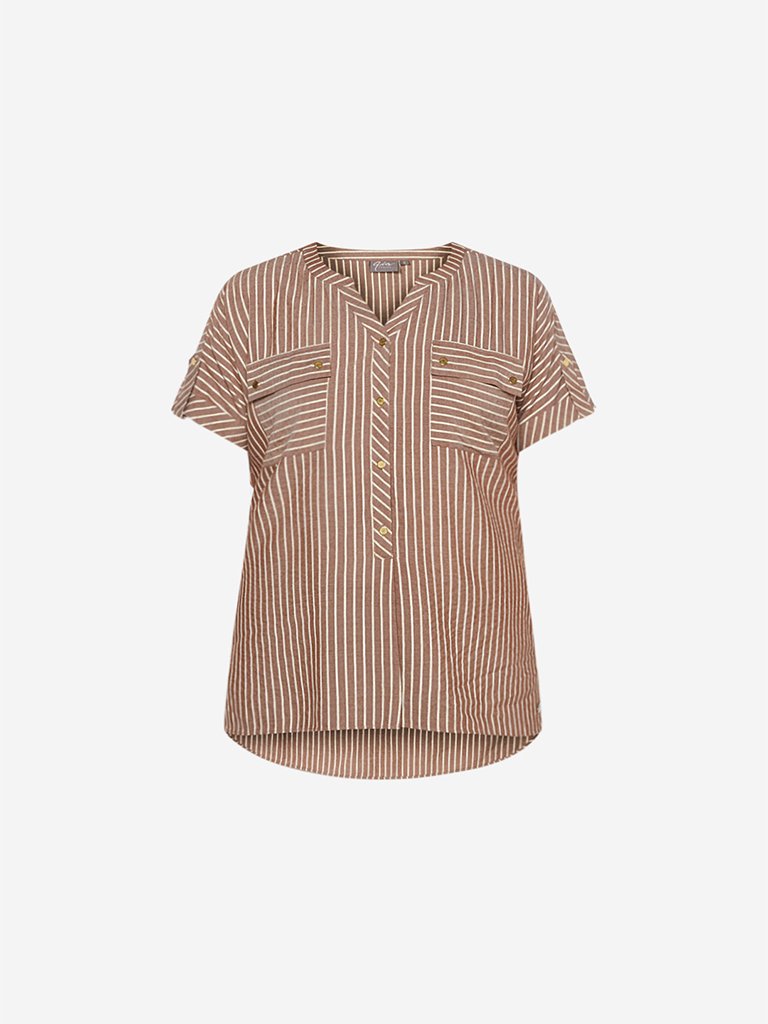 Gia Curve Brown Striped High-Low Ray Top