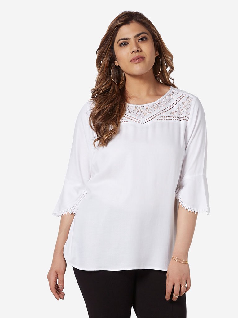 Gia Curve White Lace-Detailed Top