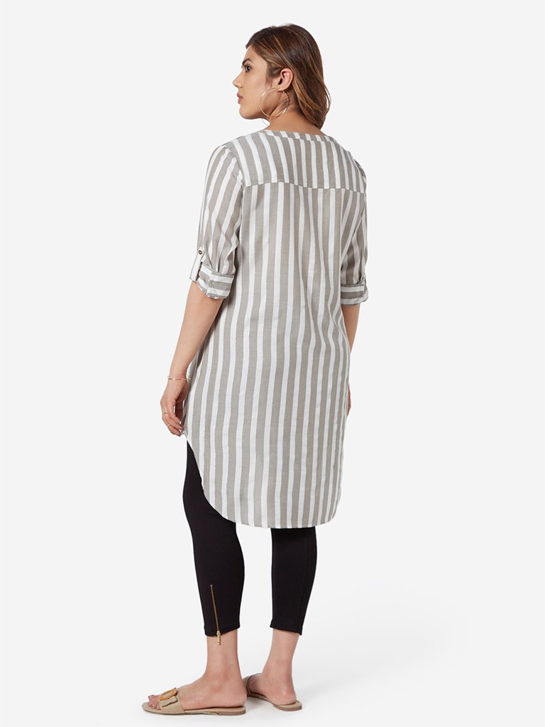 Gia Curve White Striped High-Low Oasis Tunic