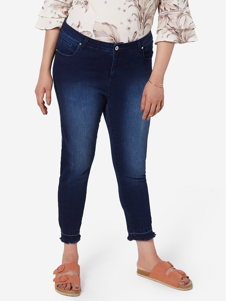 Gia Curve Dark Blue Fringed-Hem Cropped Jeans