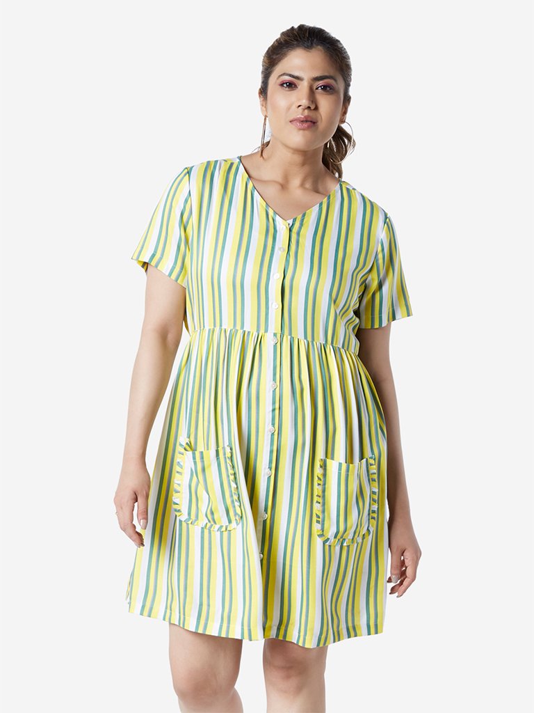Sassy Soda Curve Yellow Stripe Printed Dress