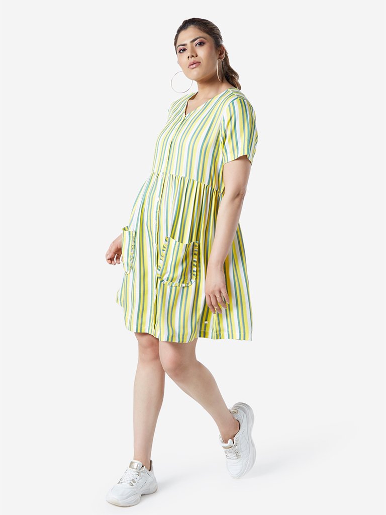 Sassy Soda Curve Yellow Stripe Printed Dress