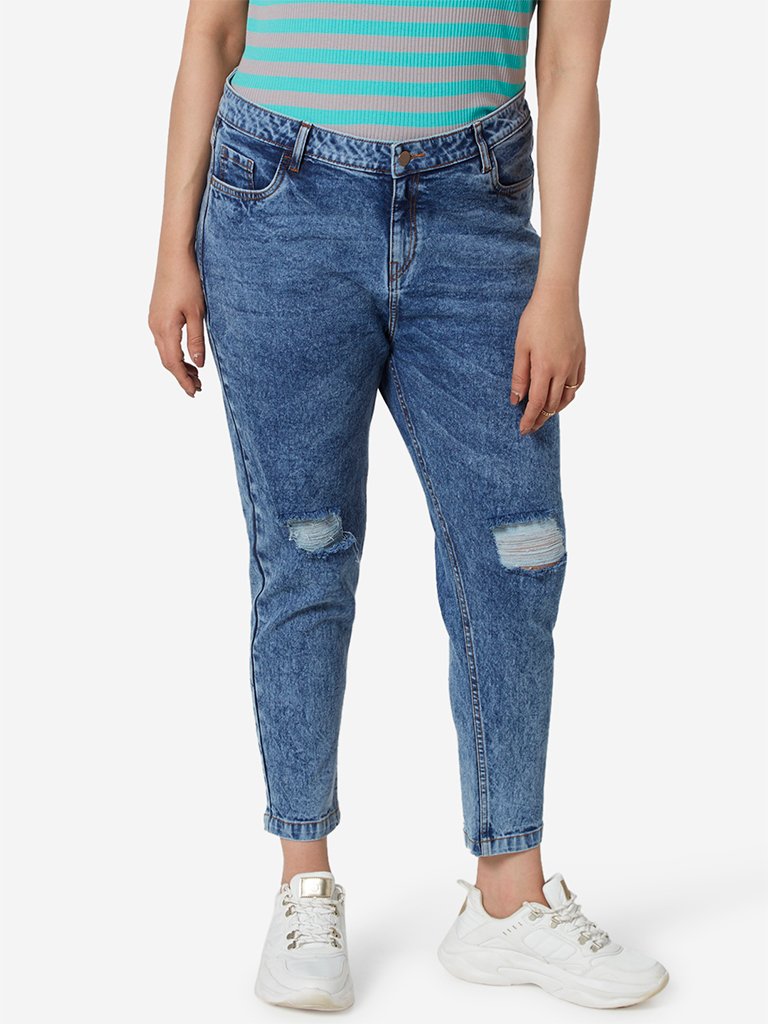 Sassy Soda Curve Blue Distressed Crop Jeans