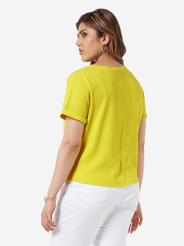 Sassy Soda Curve Yellow Text Printed T-Shirt